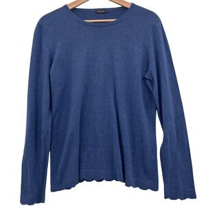 J McLaughlin Crew Neck Sweater Blue Scalloped Hem Medium Basic Old Money